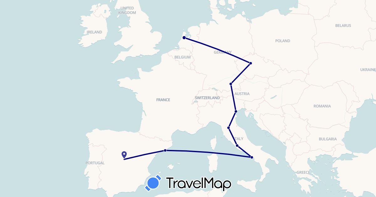 TravelMap itinerary: driving in Czech Republic, Germany, Spain, Italy, Netherlands (Europe)