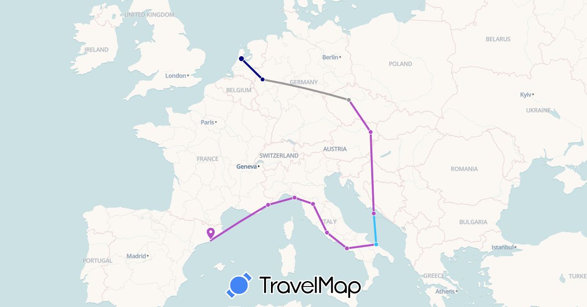 TravelMap itinerary: driving, plane, train, boat in Austria, Czech Republic, Germany, Spain, France, Croatia, Italy, Netherlands (Europe)